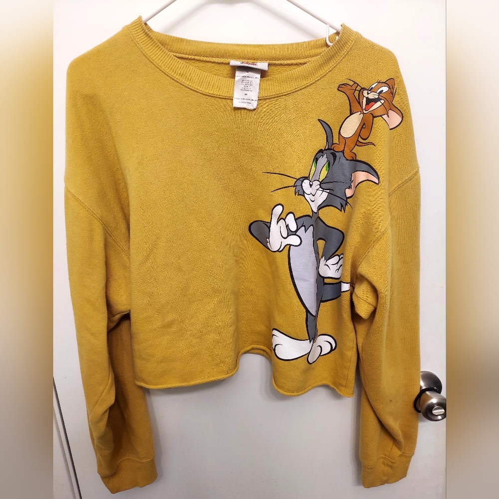 Yellow Tom & Jerry Crop Crew Sweatshirt